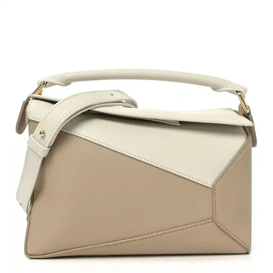 Small Puzzle edge bag in soft white and beige calfskin, top handle, gold hardware