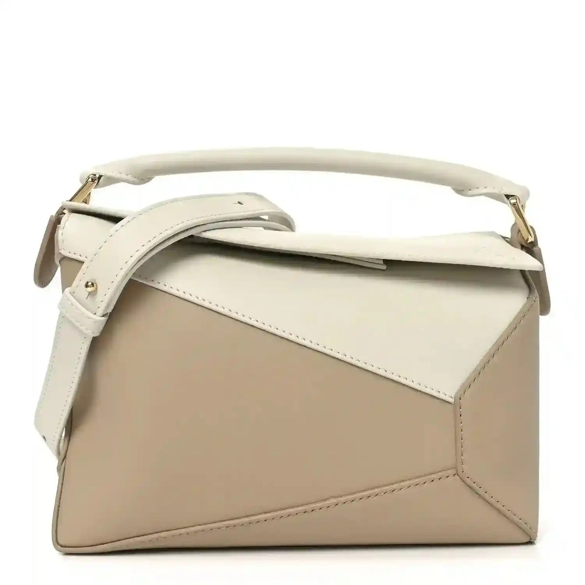 Small Puzzle edge bag in soft white and beige calfskin, top handle, gold hardware