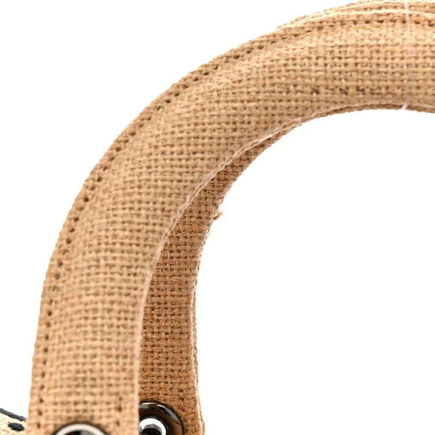 Beige jute tote bag handle, woven canvas texture with reinforced stitching
