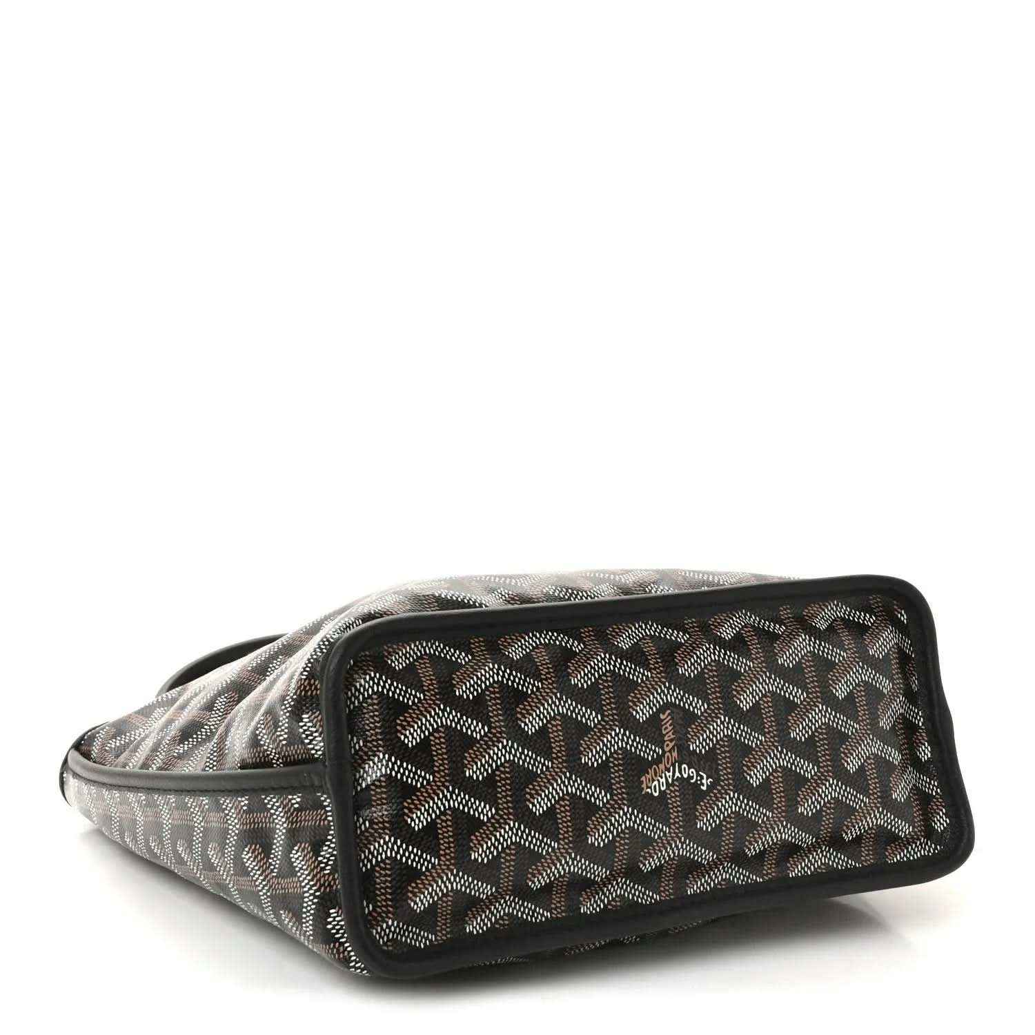 Reversible mini pouch bag with zipper, black-and-gray patterned canvas and black trim