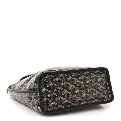 Reversible mini pouch bag with zipper, black-and-gray patterned canvas and black trim
