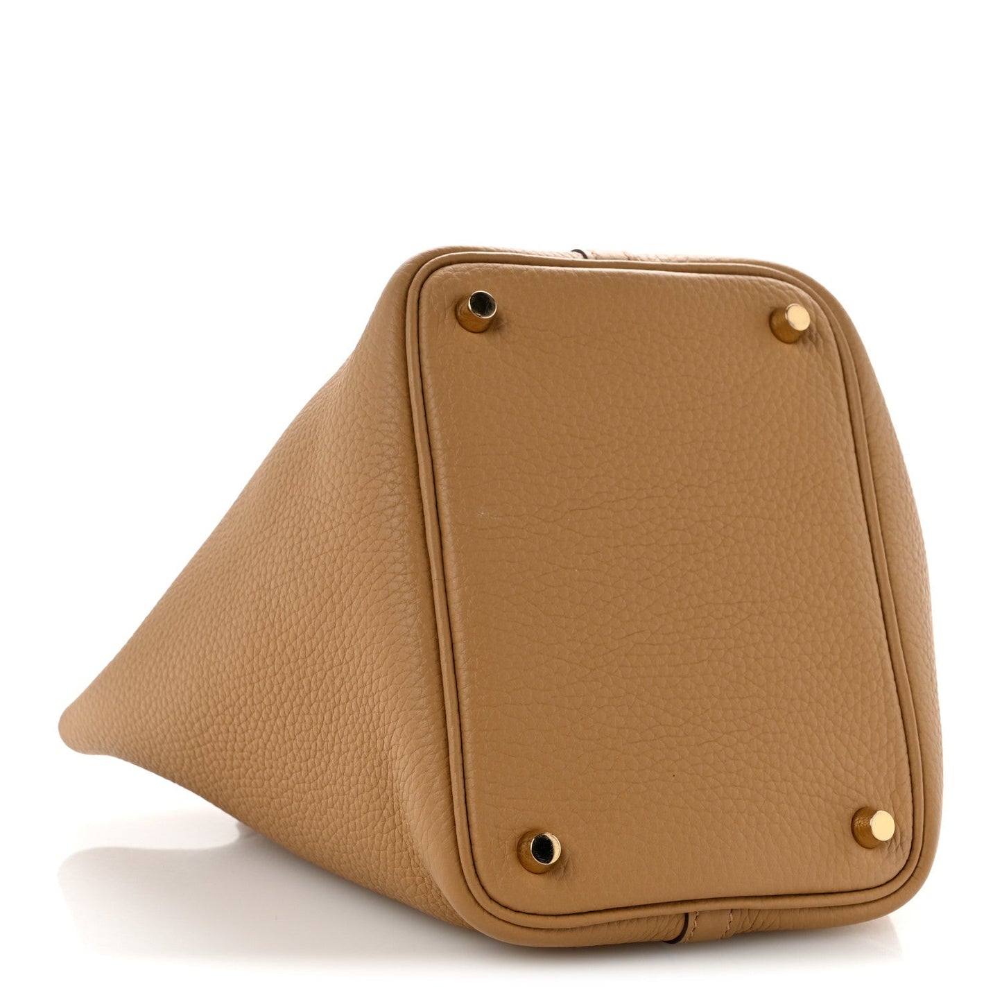 Hermes Picotin Lock 18 PM bucket bag corner view, biscuit leather with gold rivets
