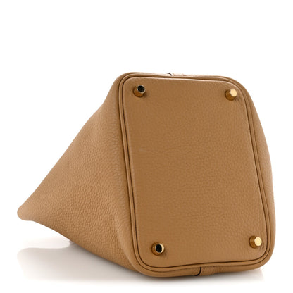 Hermes Picotin Lock 18 PM bucket bag corner view, biscuit leather with gold rivets