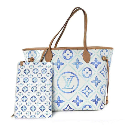 Louis Vuitton Neverfull tote with blue monogram print and matching zip pouch