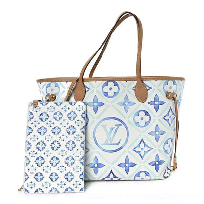 Louis Vuitton Neverfull tote with blue monogram print and matching zip pouch