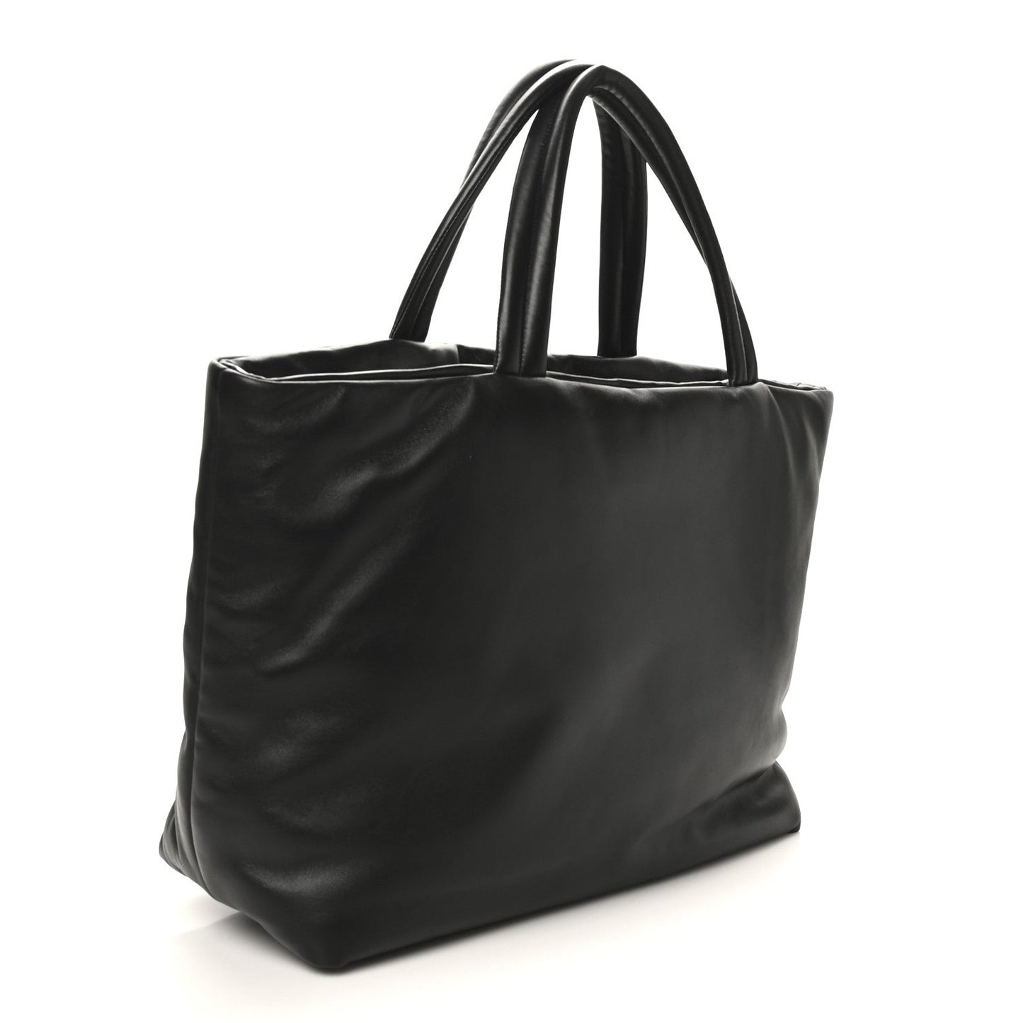 Black lambskin wide puffer tote with dual top handles and embossed front logo.