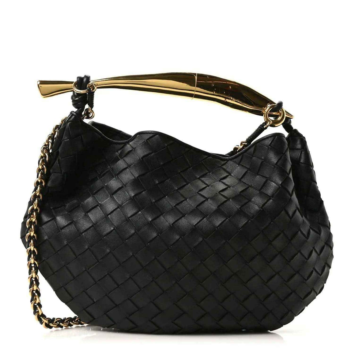 Bottega Veneta intrecciato nappa hobo bag in black with gold chain handle.
