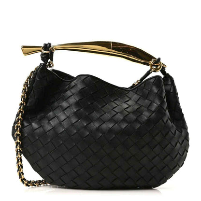 Bottega Veneta intrecciato nappa hobo bag in black with gold chain handle.