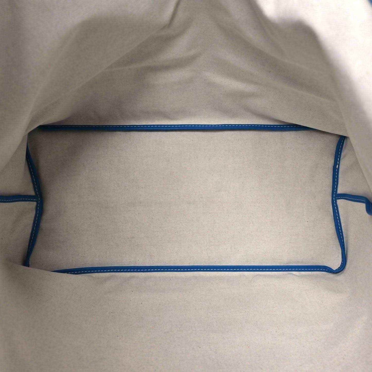 Tote bag interior with light lining and blue trim along the top edge.