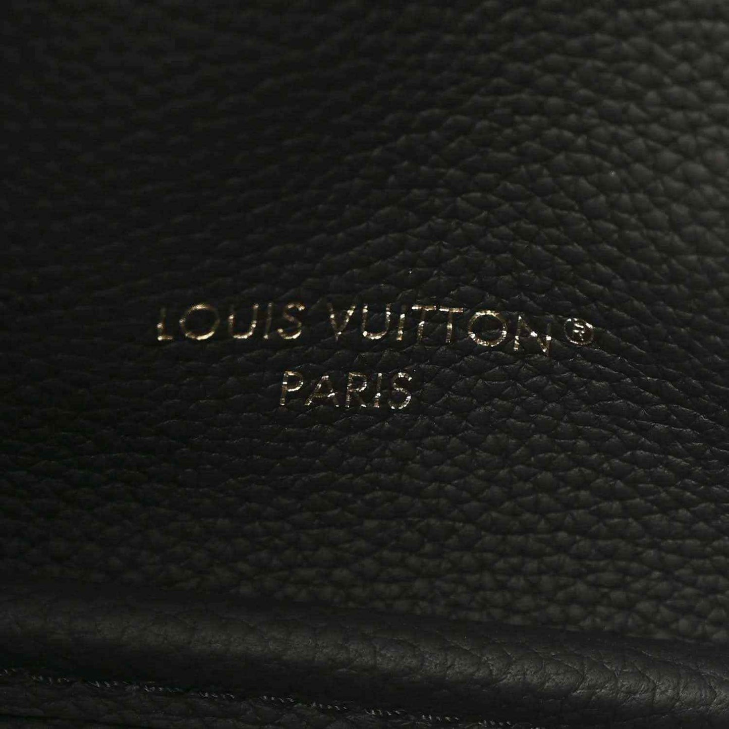 Black leather interior panel with embossed Louis Vuitton Paris text and textured grain