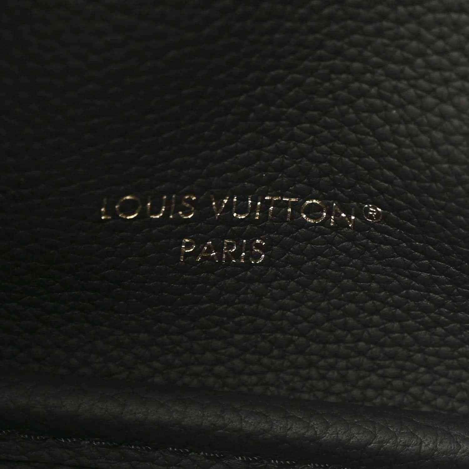 Black leather interior panel with embossed Louis Vuitton Paris text and textured grain