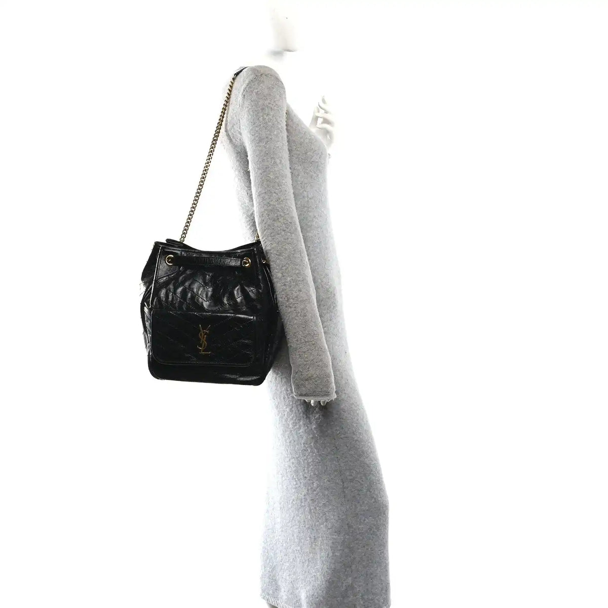 Black matelasse leather tote with YSL monogram and gold shoulder chain strap