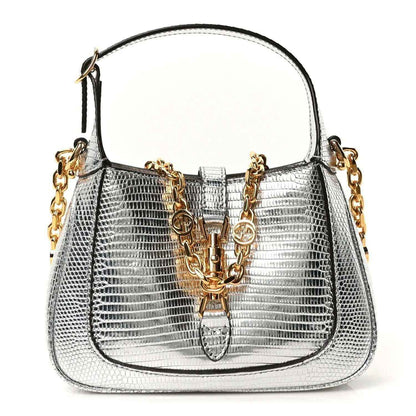 Silver lizard-effect mini Jackie shoulder bag with gold-tone chain strap and clasp