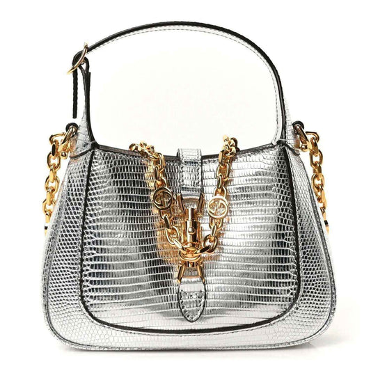 Silver lizard-effect mini Jackie shoulder bag with gold-tone chain strap and clasp