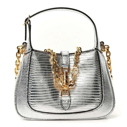 Silver lizard-effect mini Jackie shoulder bag with gold-tone chain strap and clasp