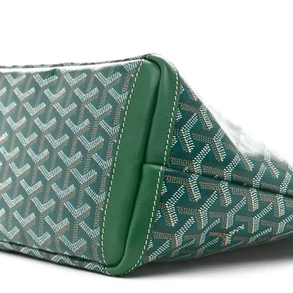 Goyard Artois PM tote bag corner detail with green piping and patterned canvas