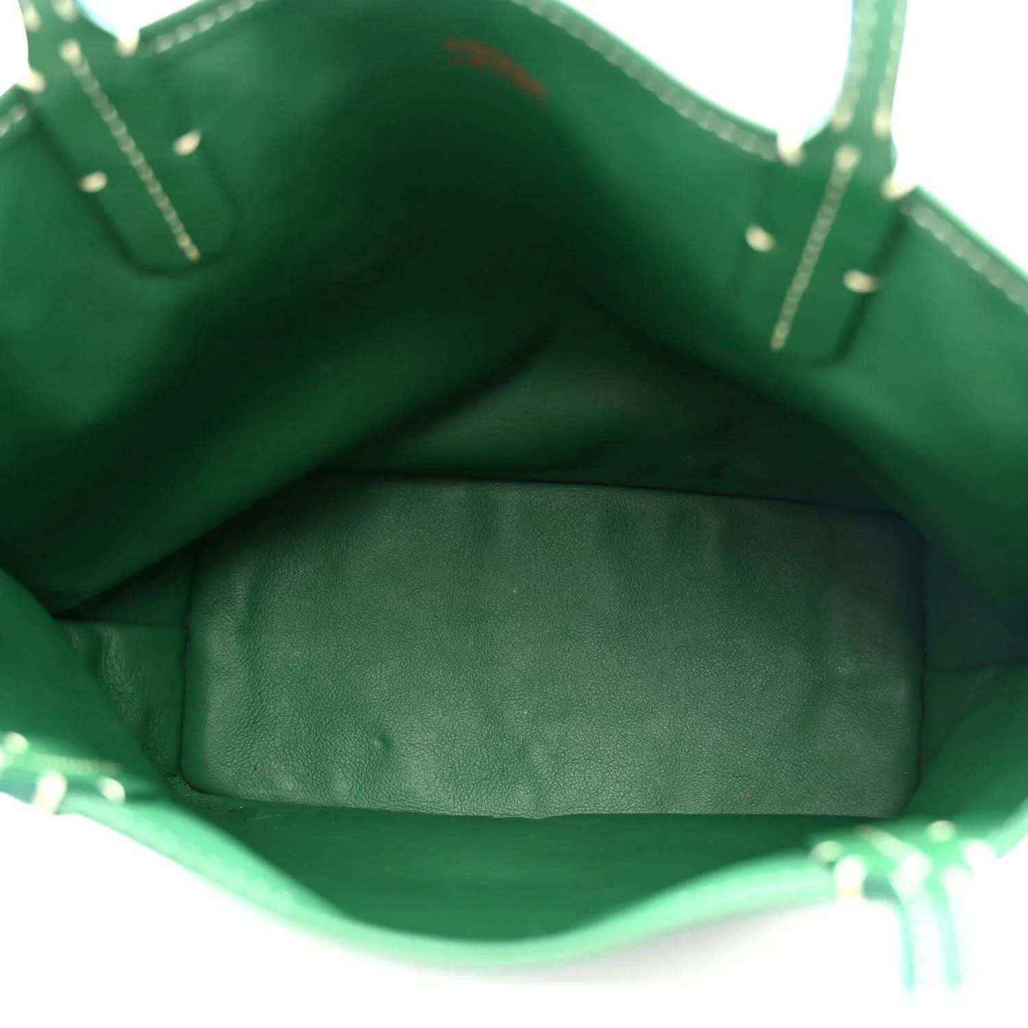 Green mini tote bag interior view with stitched lining and open top