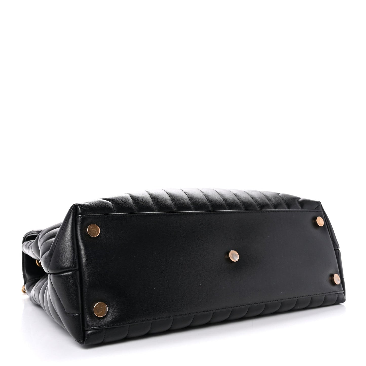 Black quilted satchel back with gold snap buttons and leather shoulder strap
