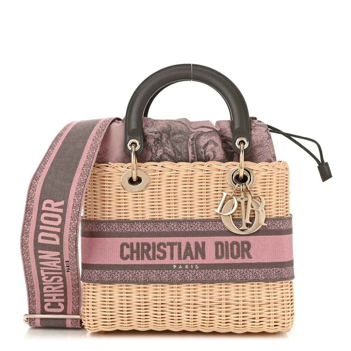 Medium wicker Lady Dior bag with pink/gray stripes, leather handles and logo strap