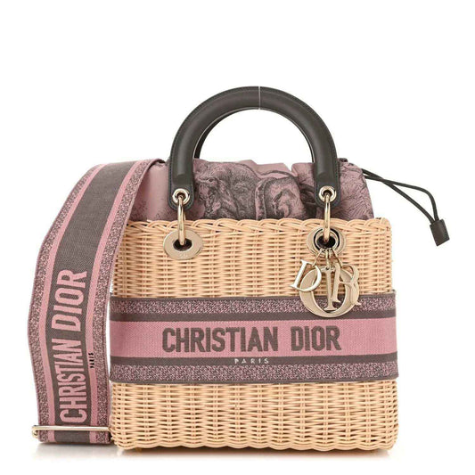 Medium wicker Lady Dior bag with pink/gray stripes, leather handles and logo strap