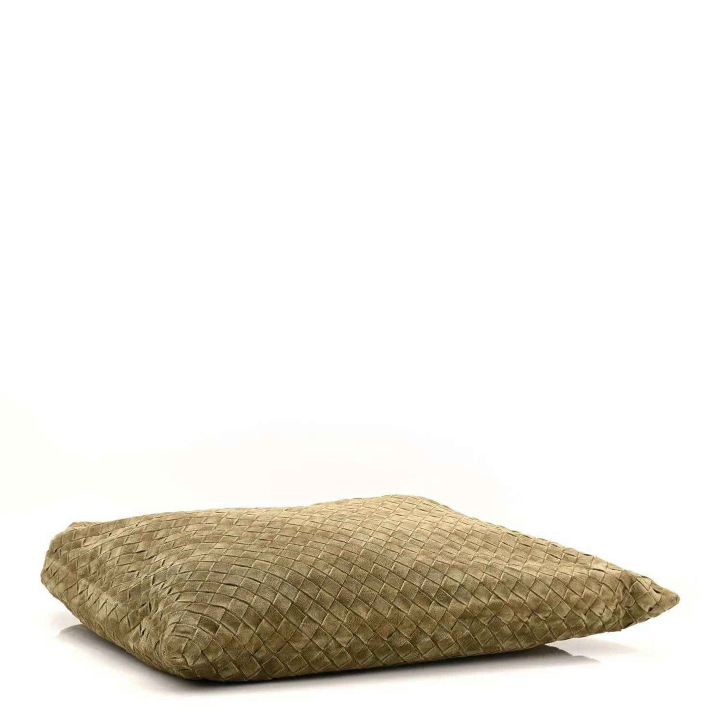 Suede intrecciato hobo bag in mud green laid flat, woven texture visible