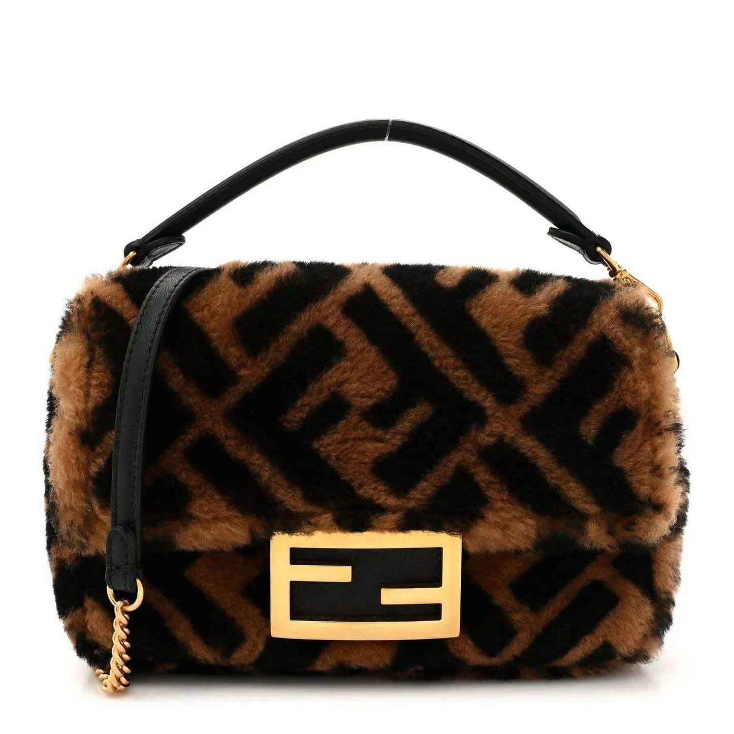Mini shearling shoulder bag with FF logo front panel, tobacco brown and black.