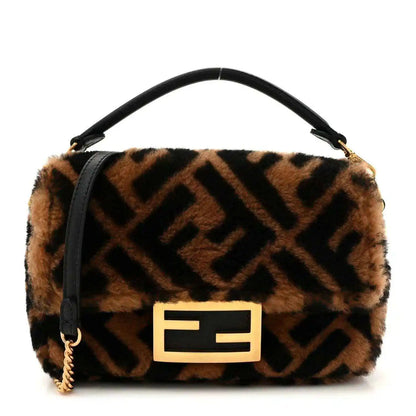 Mini shearling shoulder bag with FF logo front panel, tobacco brown and black.