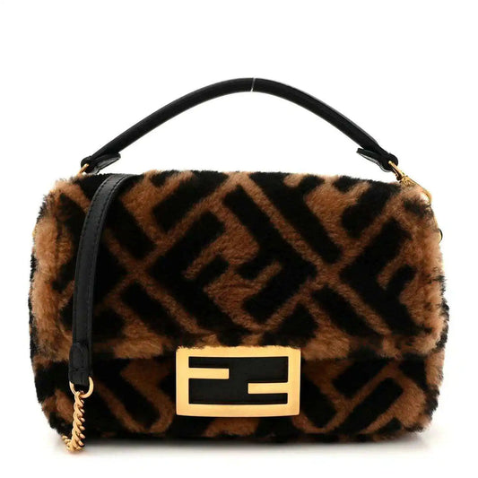 Mini shearling shoulder bag with FF logo front panel, tobacco brown and black.