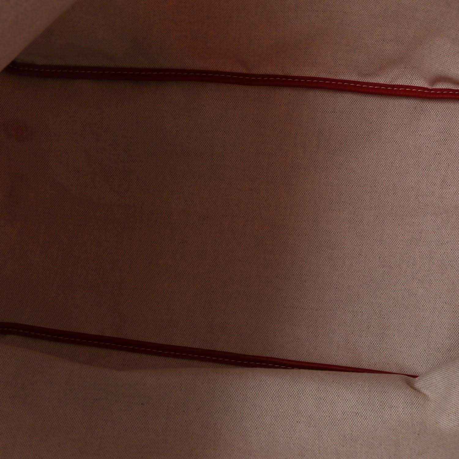Red fabric lining with stitched seam inside a Goyardine canvas tote bag.