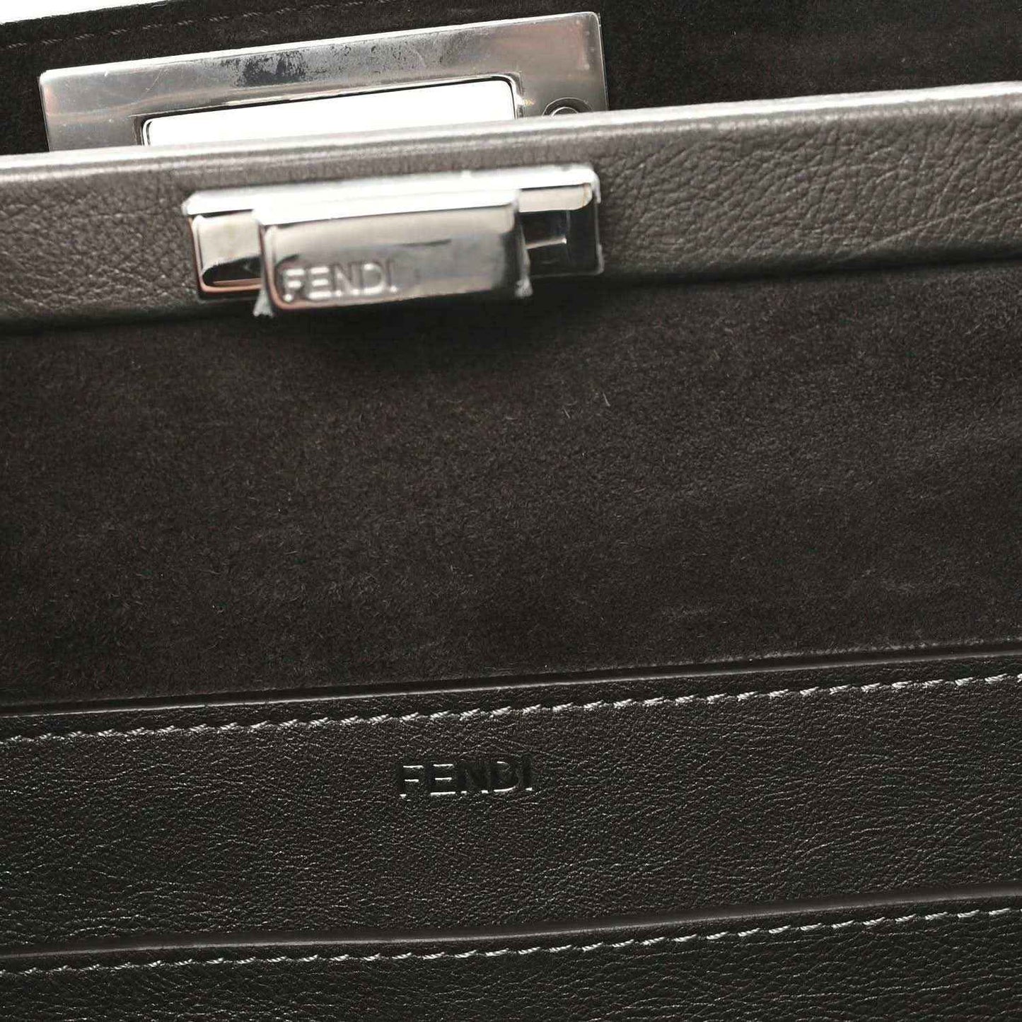 Fendi Peekaboo tote lining and logo stamp with metal turn-lock hardware