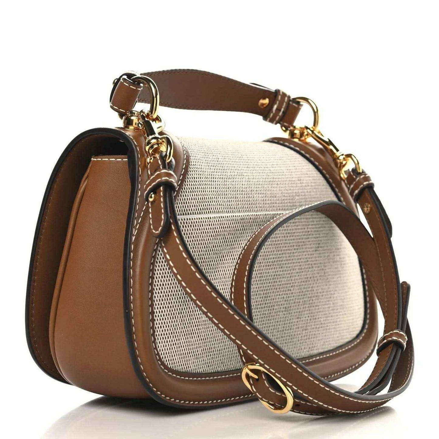Medium top-handle bag with crossbody strap, beige textured canvas and brown leather trim