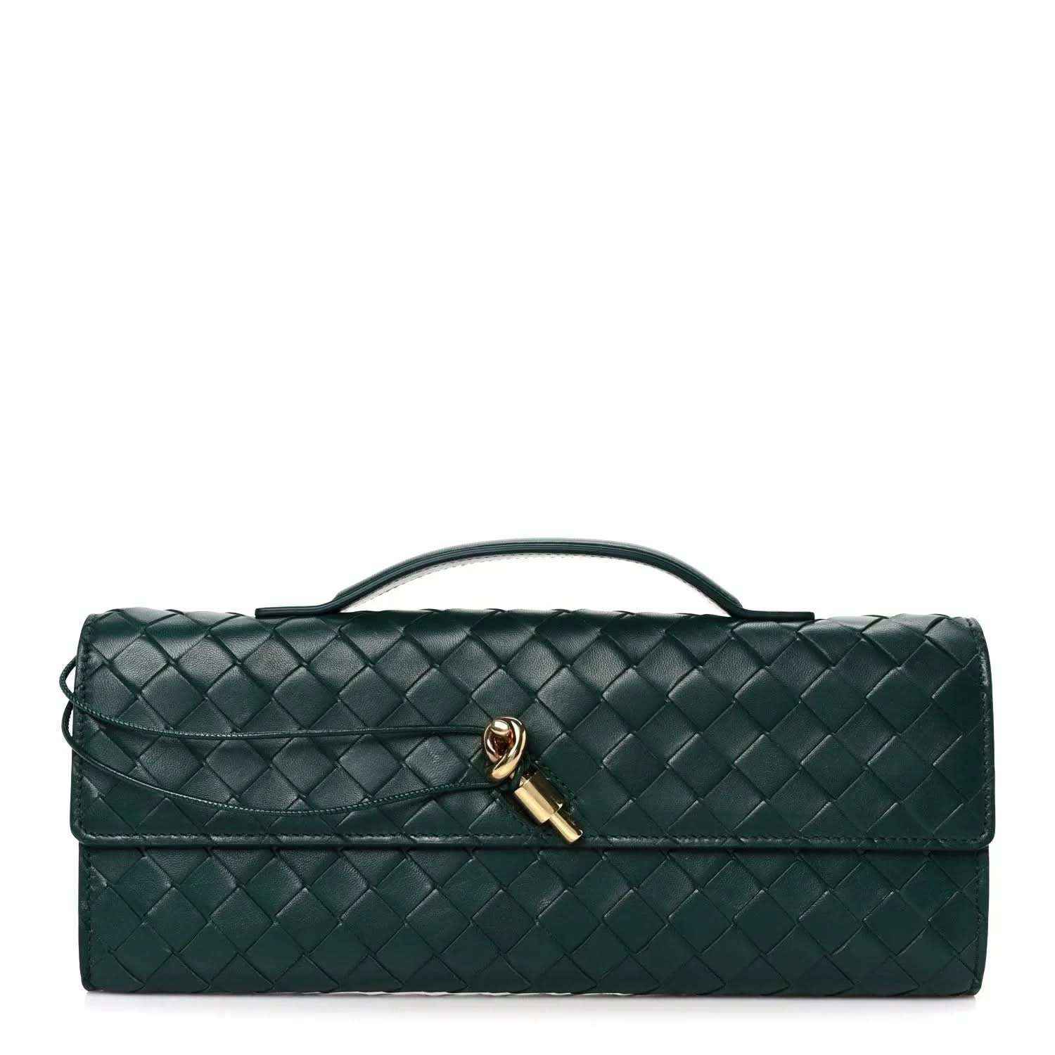 Emerald green intrecciato nappa long clutch bag with top handle and gold clasp