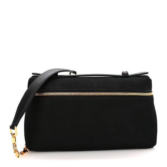 Black nubuck crossbody pouch with top zip and gold chain strap