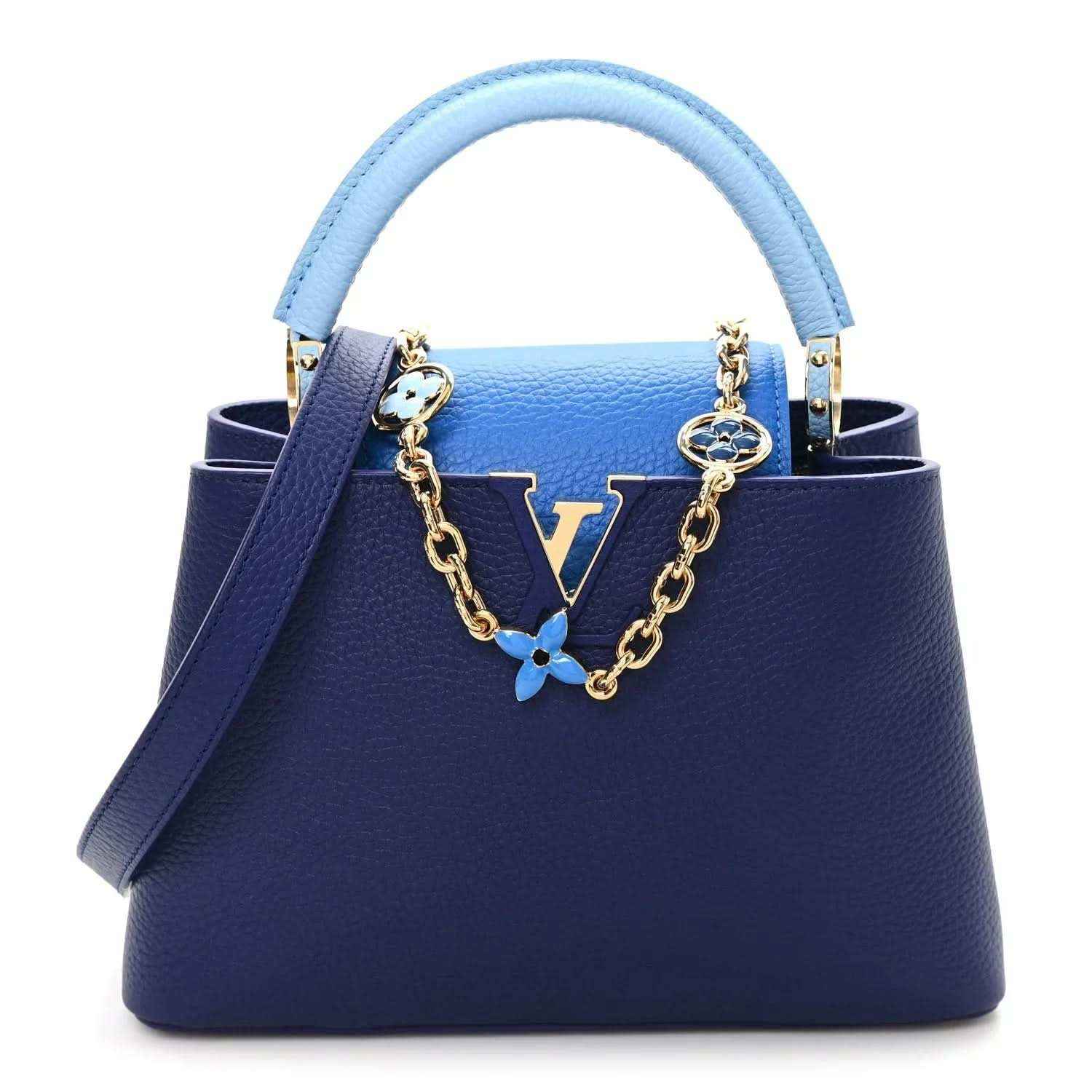 Blue Louis Vuitton Capucines BB handbag with chain strap and enamel flower charm