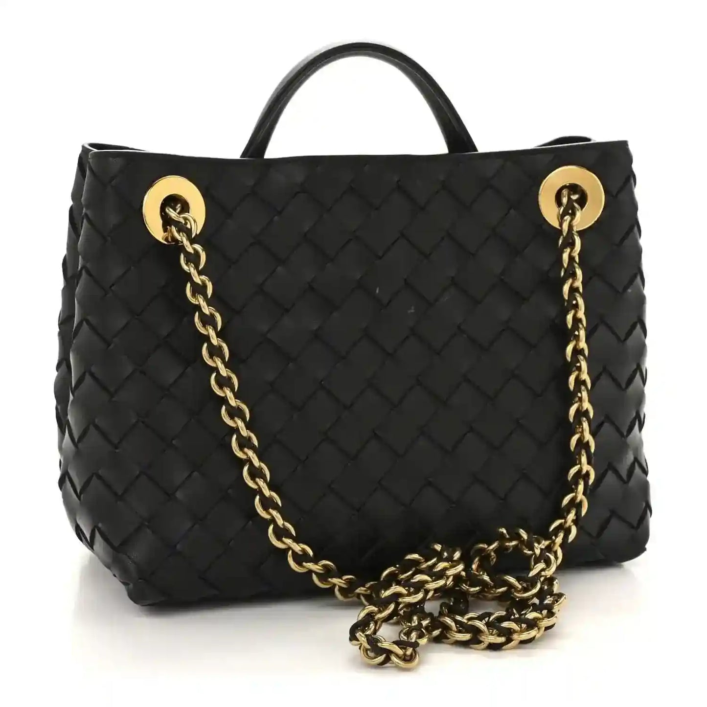 Black woven leather tote bag with gold-tone chain strap and front clasp hardware