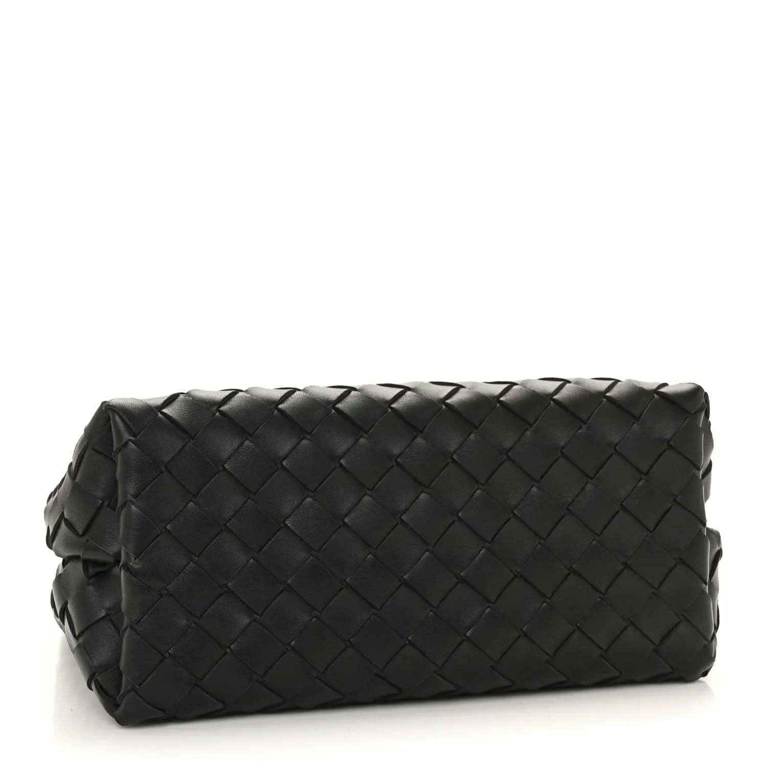 Black woven leather shoulder bag with braided chain strap and structured top