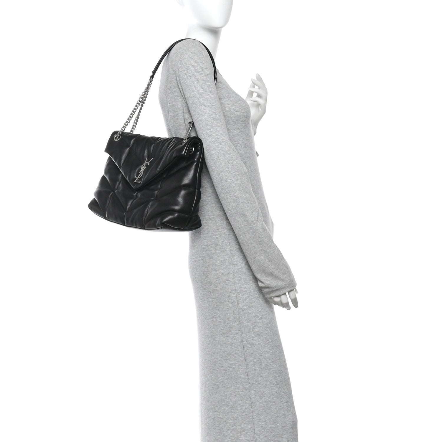 Black quilted lambskin satchel with YSL monogram, chain strap, and flap closure