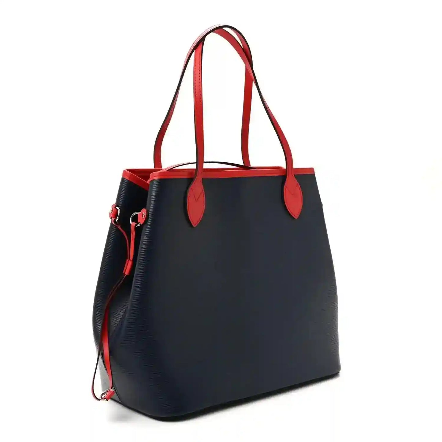 Louis Vuitton Epi Neverfull MM tote bag angled view with red trim and side pull tab