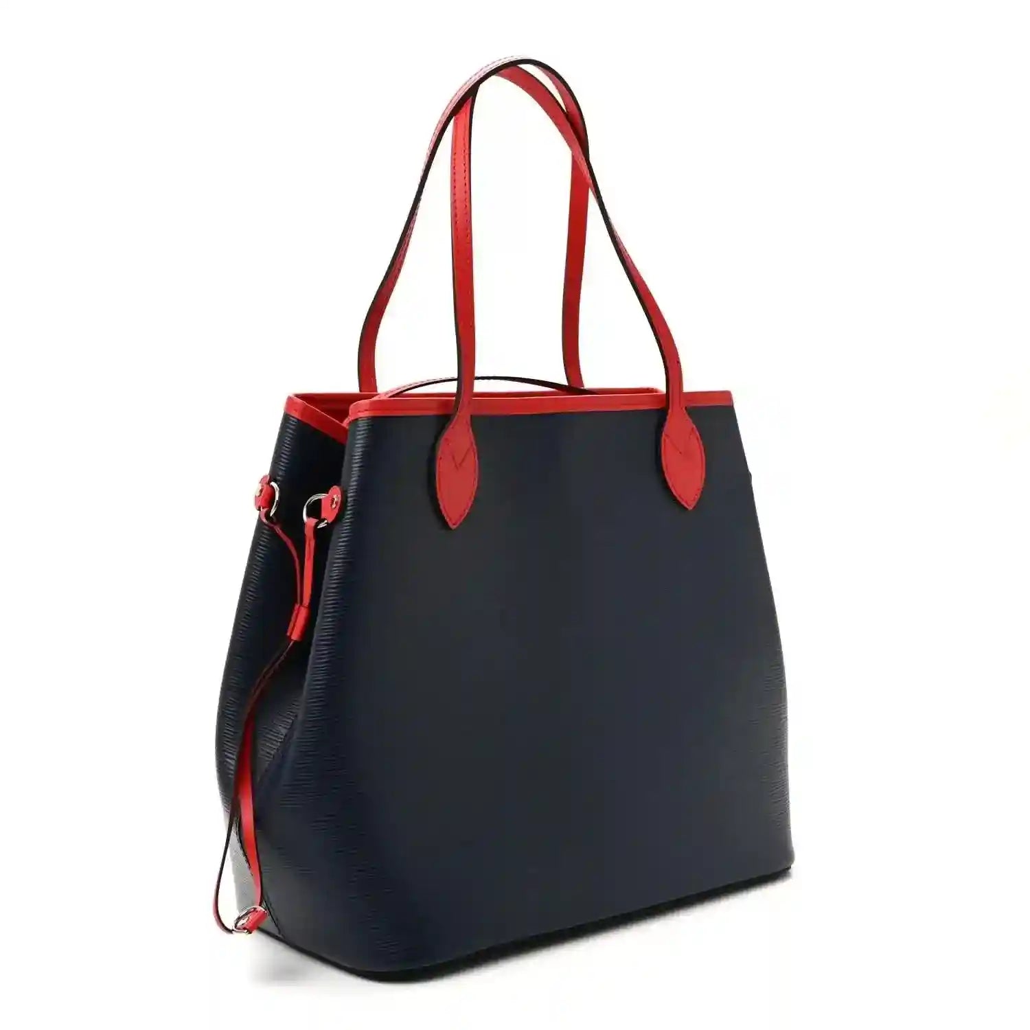 Louis Vuitton Epi Neverfull MM tote bag angled view with red trim and side pull tab