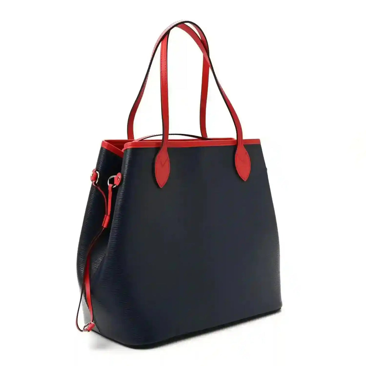 Louis Vuitton Epi Neverfull MM tote bag angled view with red trim and side pull tab