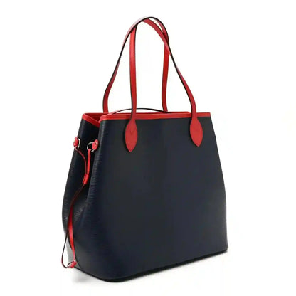 Louis Vuitton Epi Neverfull MM tote bag angled view with red trim and side pull tab