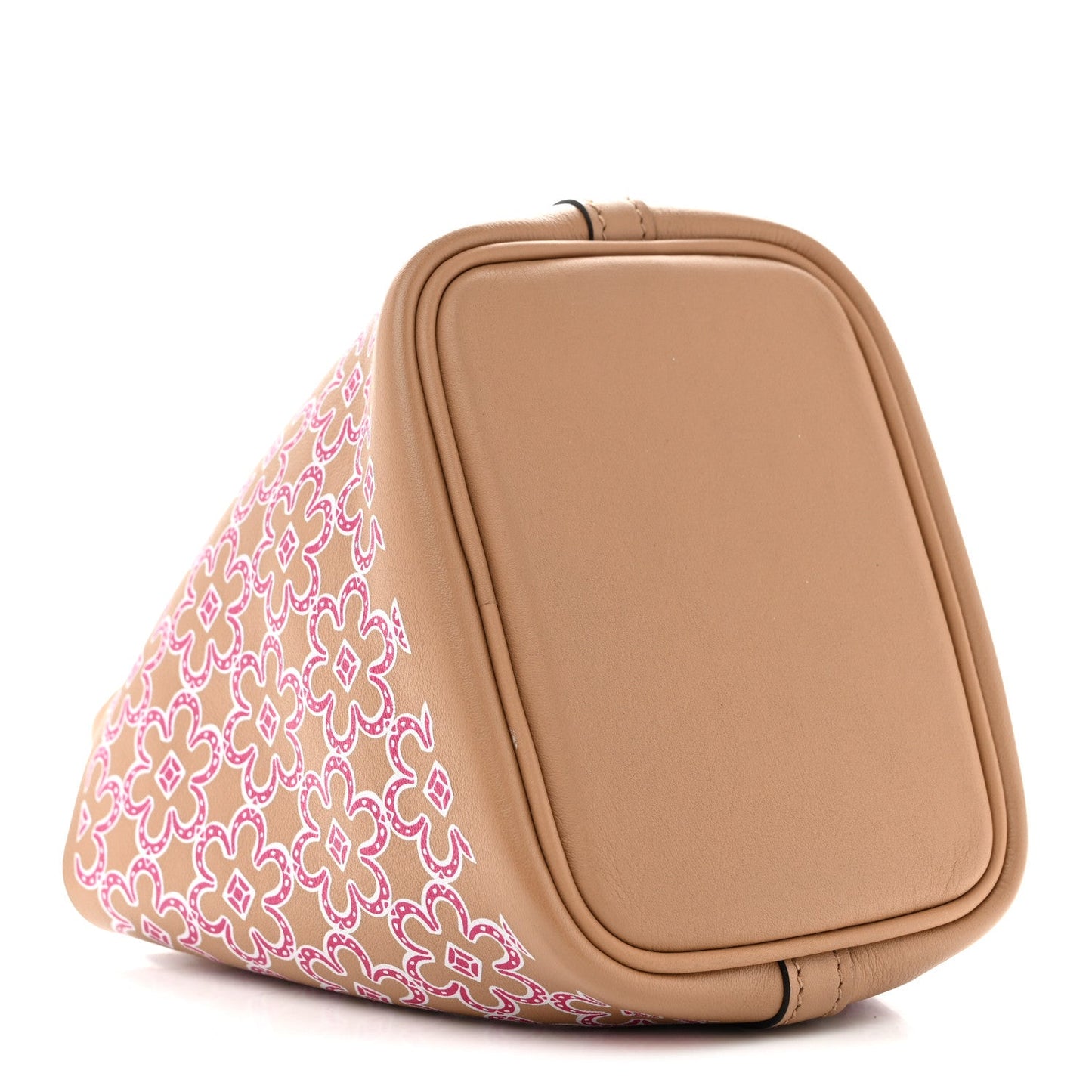 Micro tote bag with magenta floral side panel and tan leather base, rounded top