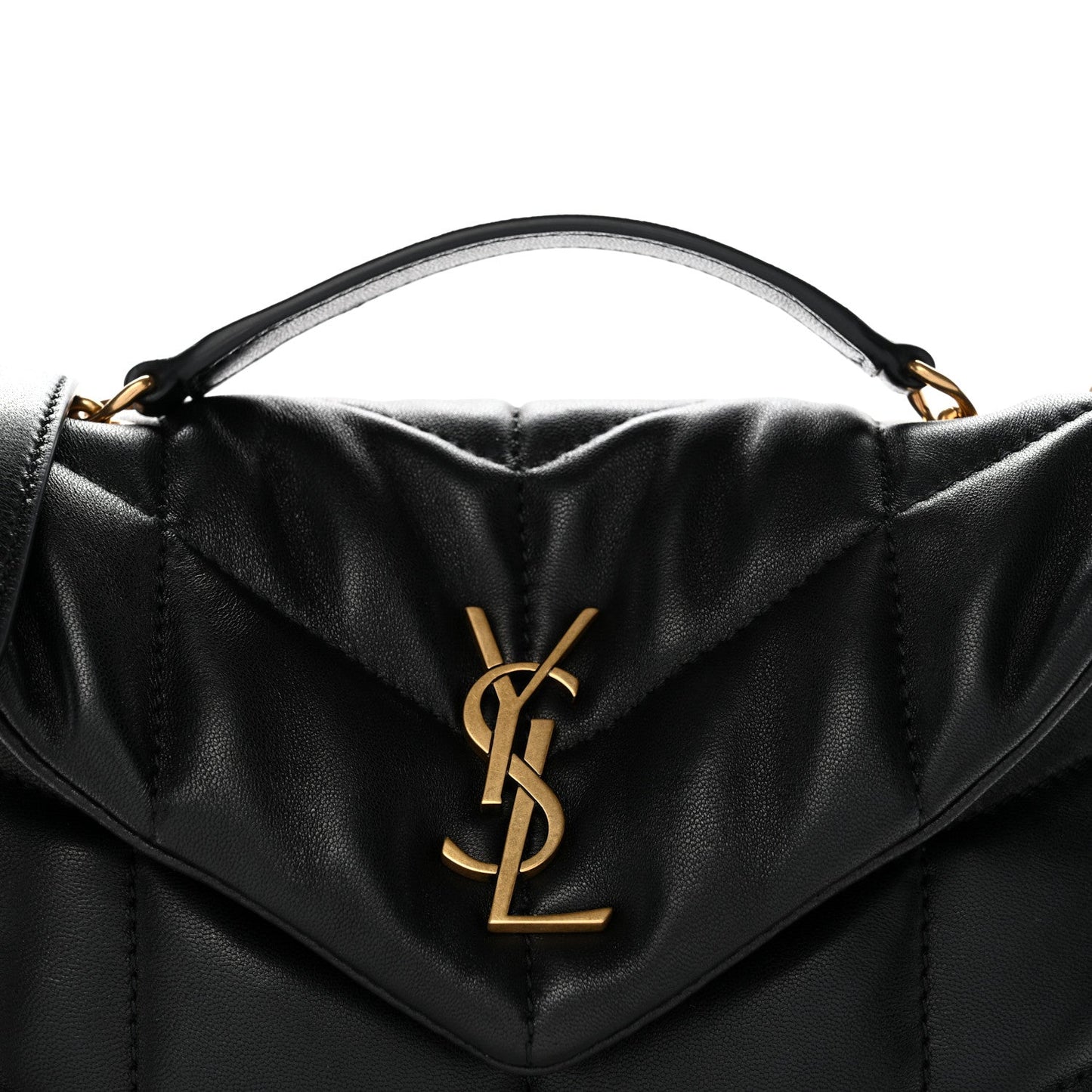 Saint Laurent quilted satchel front with gold-tone YSL emblem and top handle