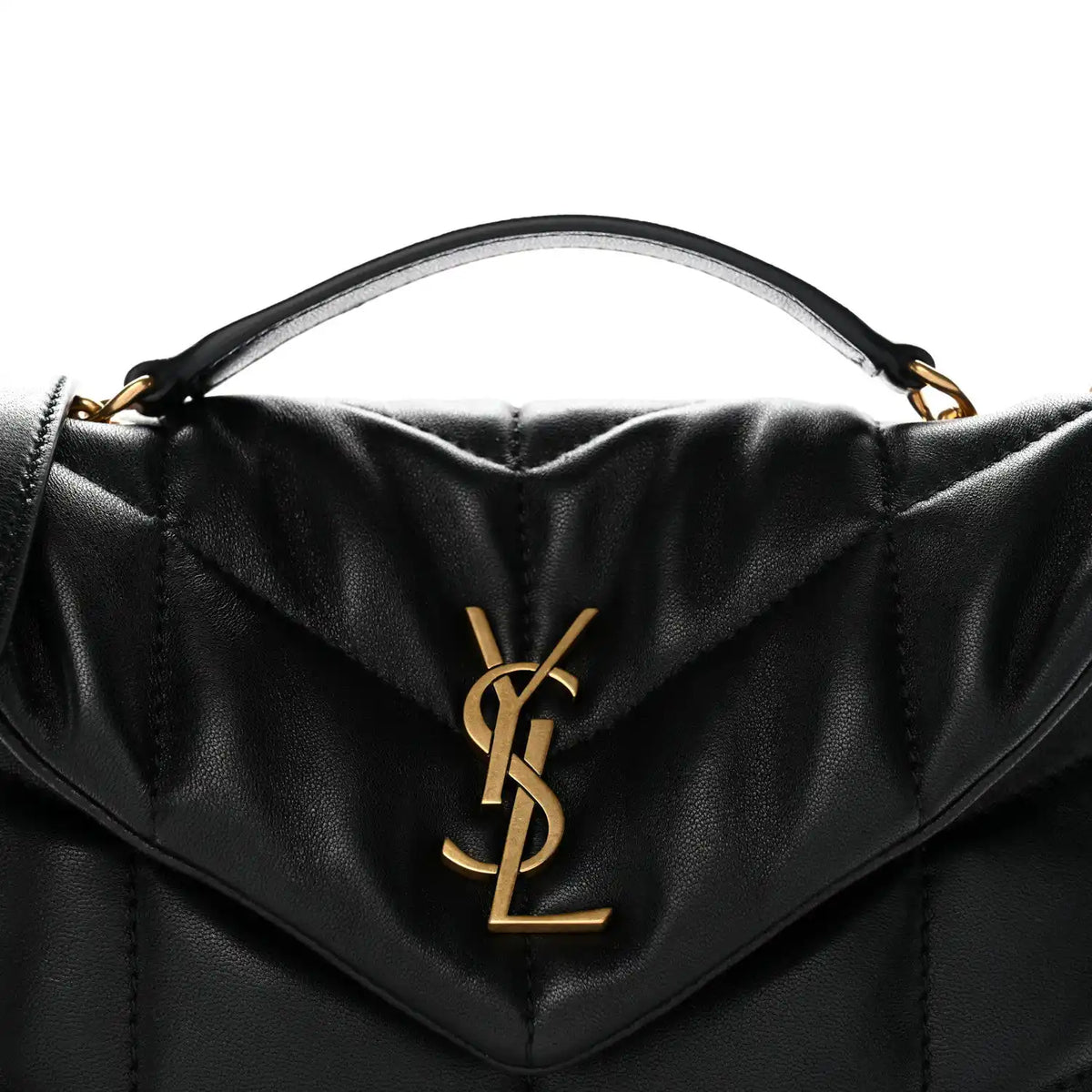 Saint Laurent quilted satchel front with gold-tone YSL emblem and top handle