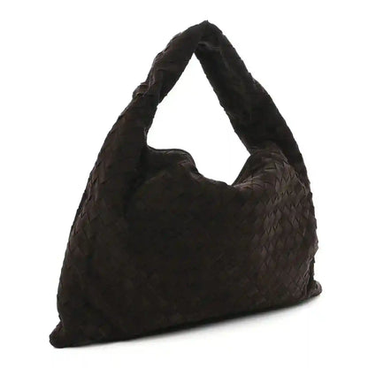 Suede intrecciato hobo bag with open top and woven pattern, dark brown