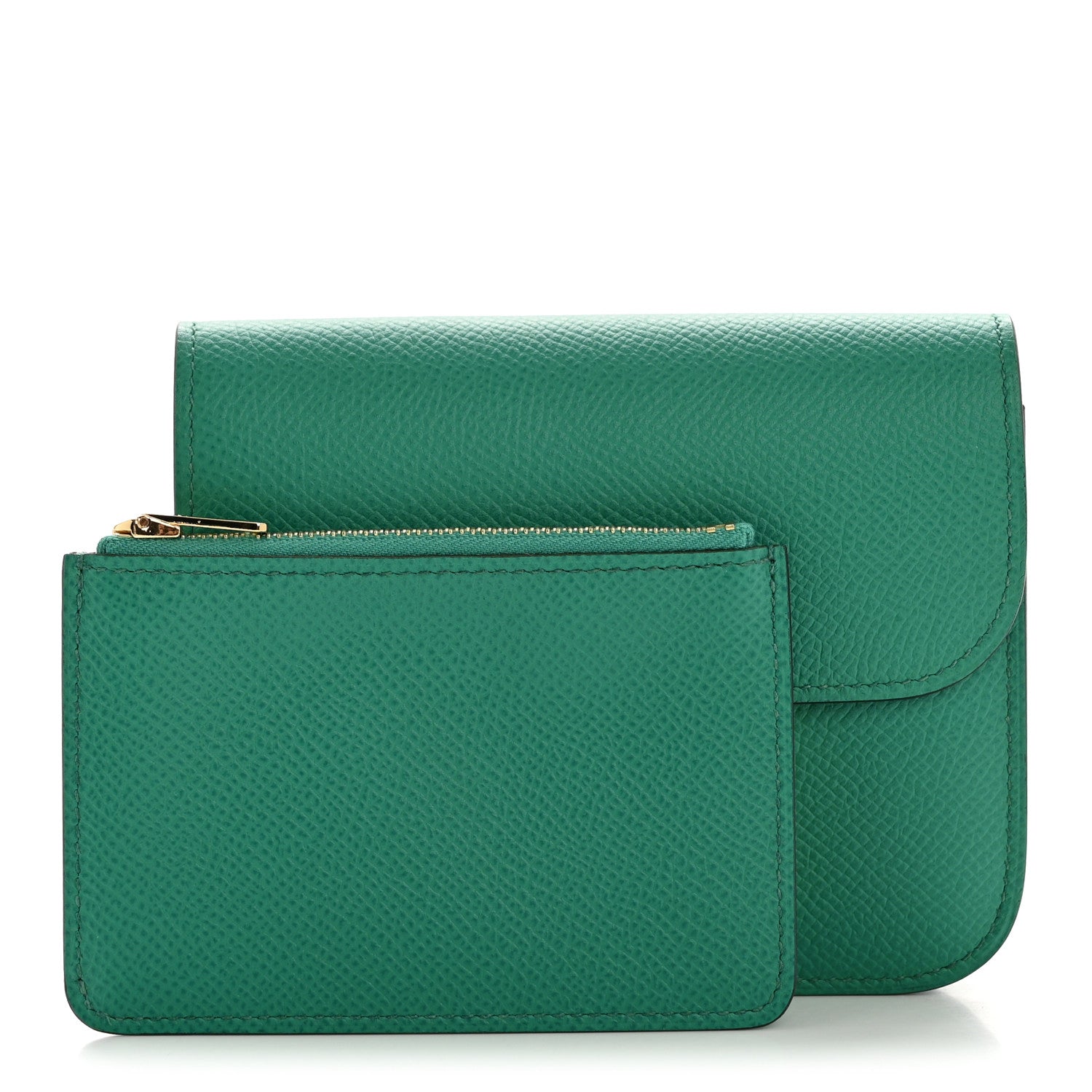 Hermes Constance Slim wallet with front zip pocket and gold clasp, green leather