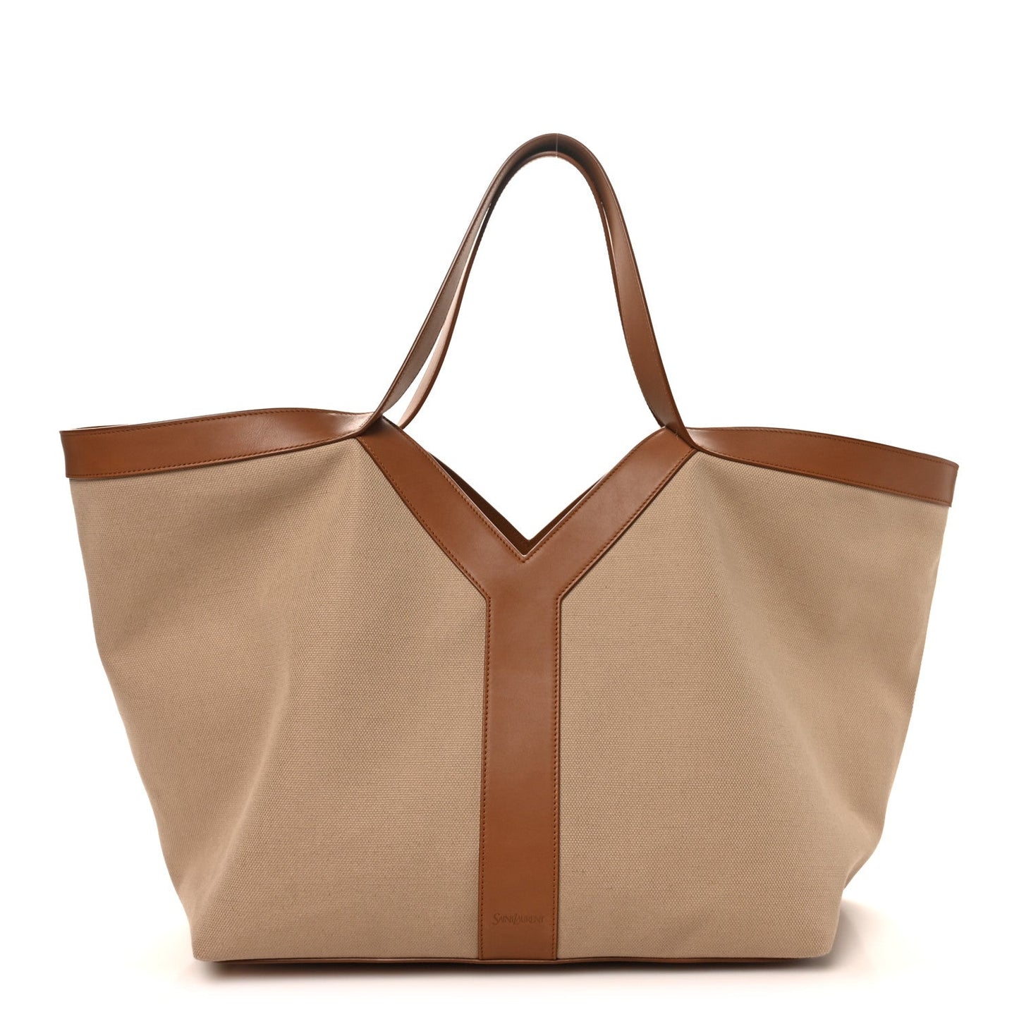 Saint Laurent canvas Y tote bag with leather trim, desert dust and brick tones