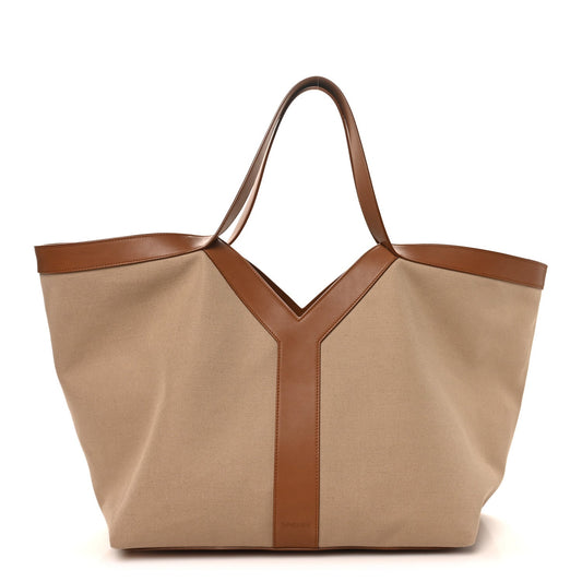 Saint Laurent canvas Y tote bag with leather trim, desert dust and brick tones