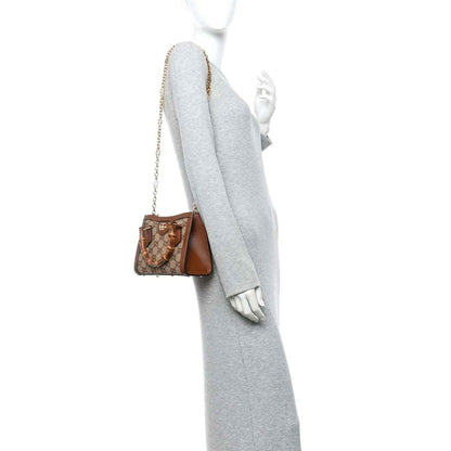 Gucci mini tote bag on chain, tan GG monogram canvas with brown leather accents