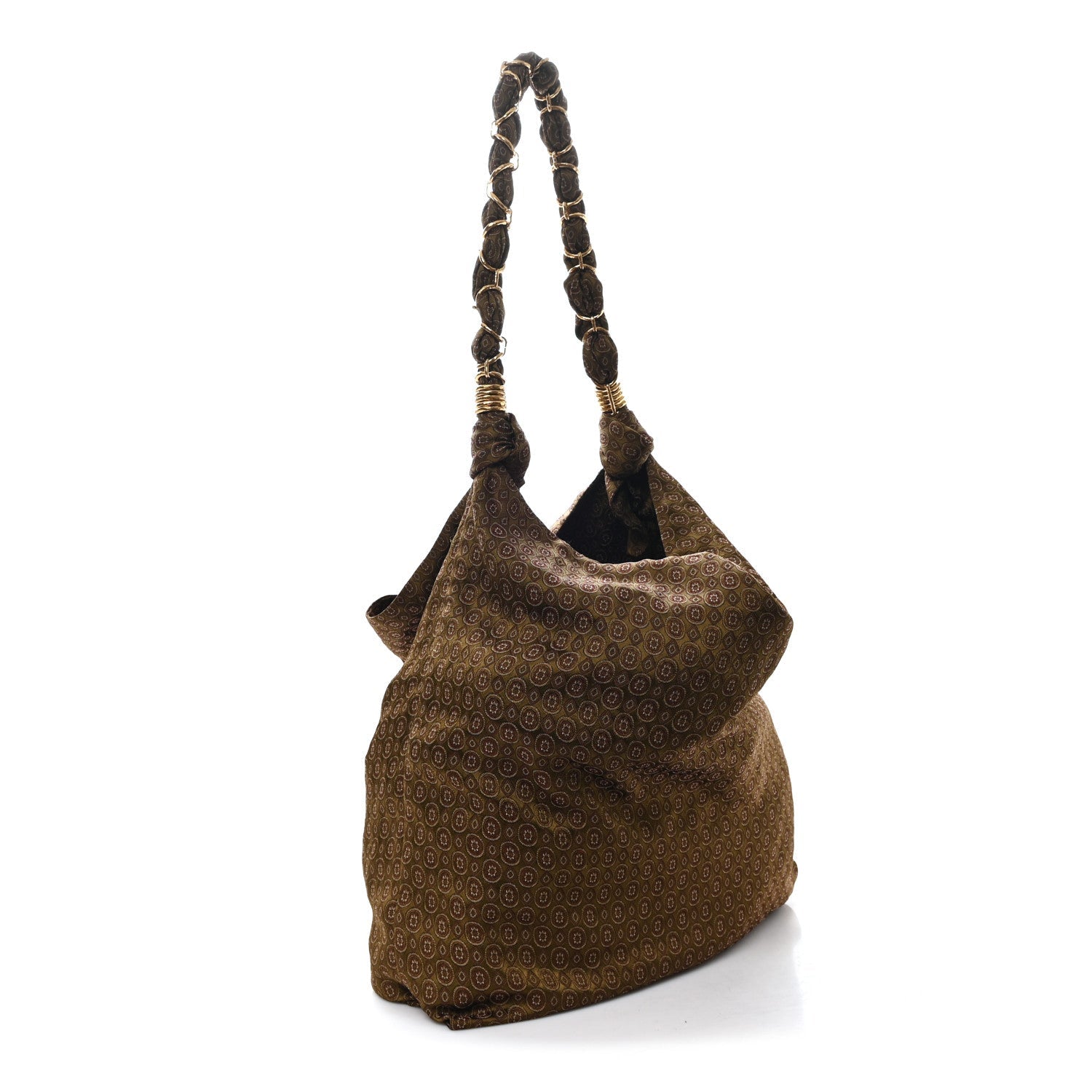 Hobo bag with braided top handles, jacquard medallion pattern, brown/olive.